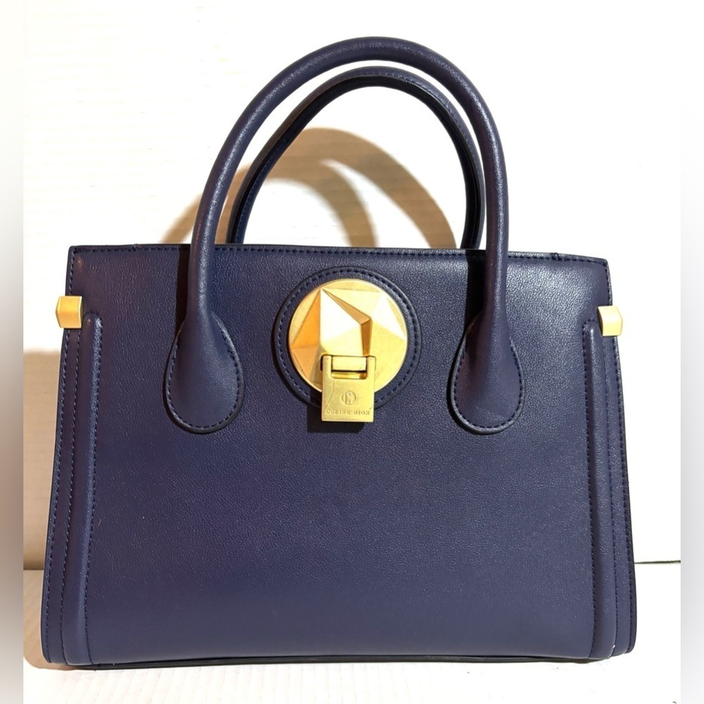 Celine Dion Elegant Navy blue satchel leather Handbag with Gold Accents